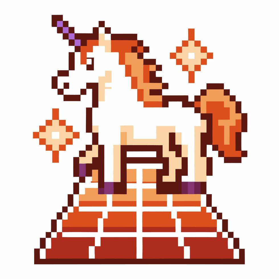 Pixel art unicorn with vibrant hues, retro digital fantasy, geometric platform design vector