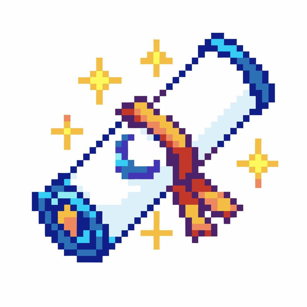 Pixel art diploma scroll with magical glow and sparkling stars vector