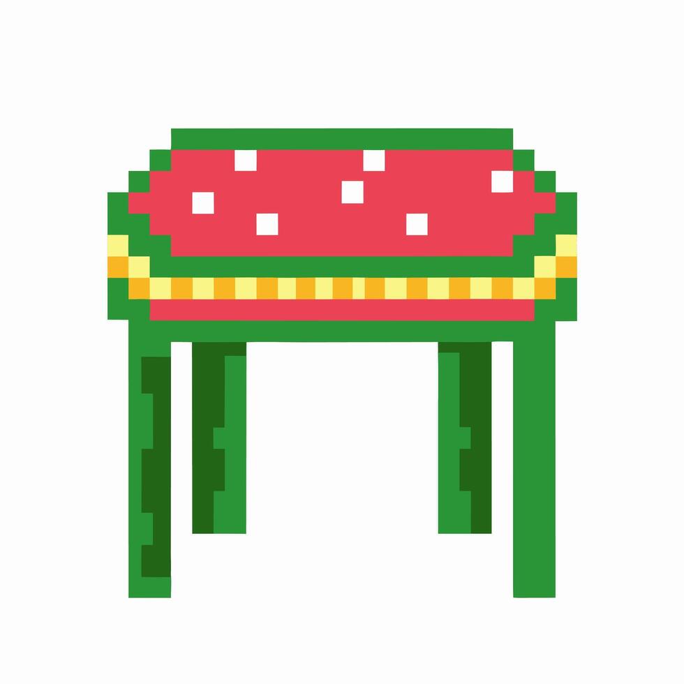 pixel art watermelon table with green legs and red top, white seeds retro furniture, gaming design element vector