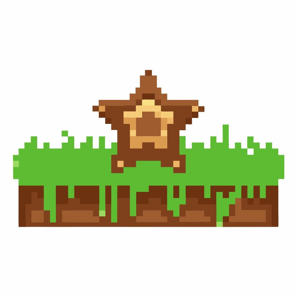 Pixelated star on grass platform, retro game design 8 bit sprite art for gaming vector