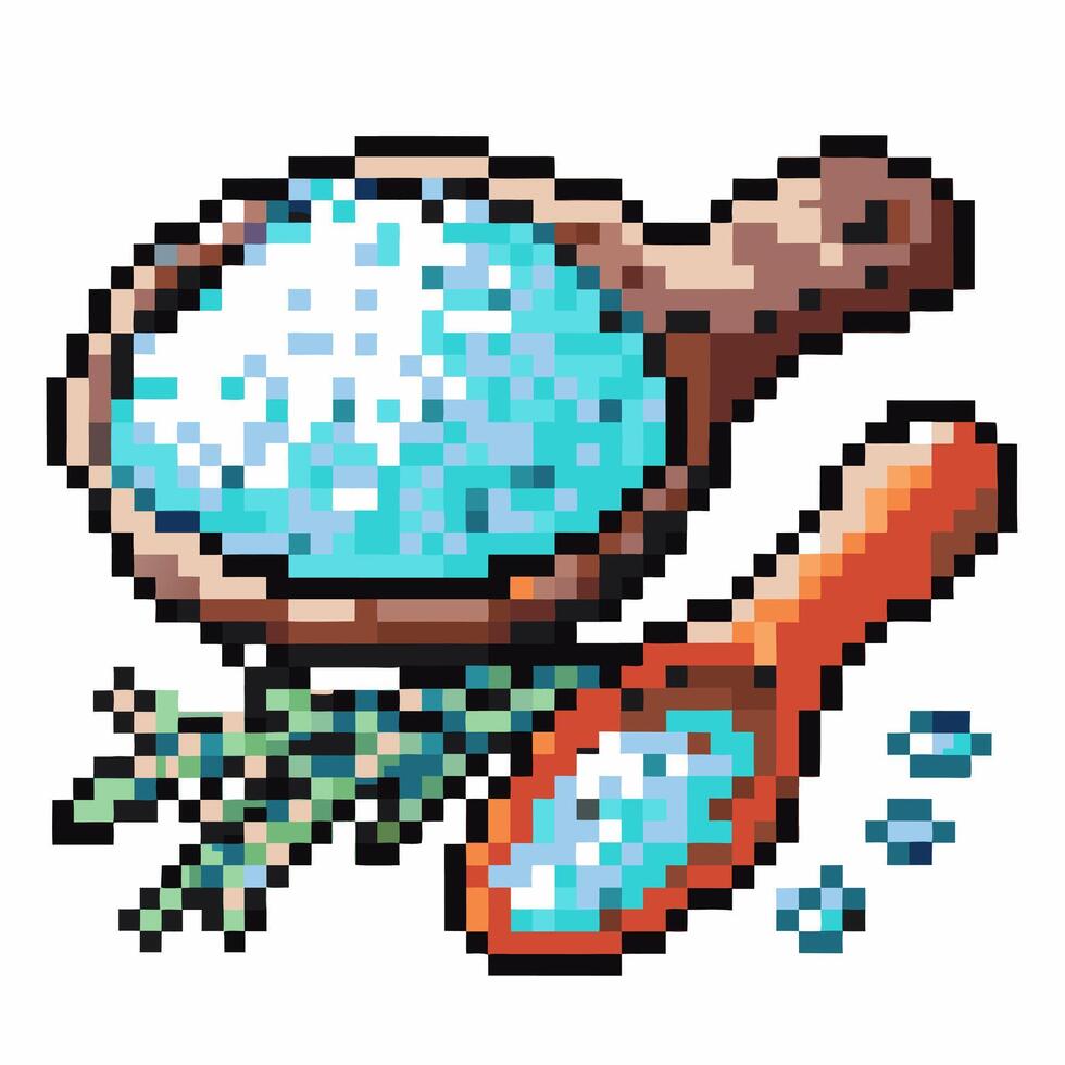 pixel art of a salt bowl and spoon with herbs retro gaming culinary illustration vector