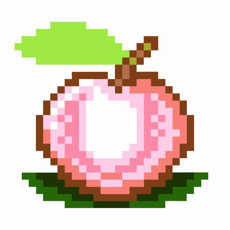 Pixel art peach icon with leaf, retro 8 bit fruit graphic vector
