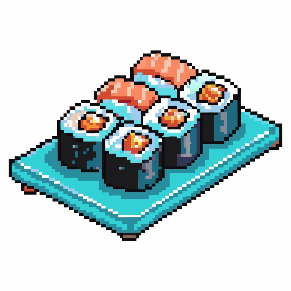 Pixel art sushi platter with nigiri and rolls on turquoise plate vector
