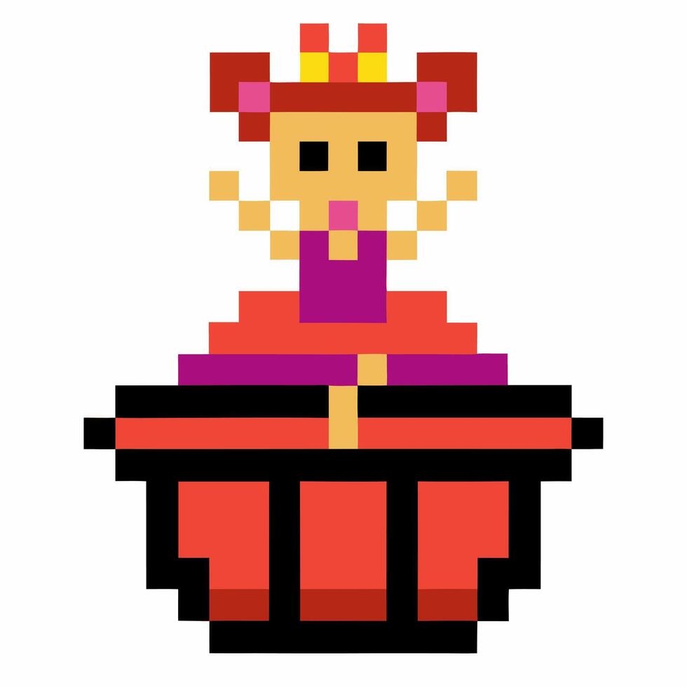 Pixel art princess in pink dress with crown, standing on red platform retro 8 bit digital character design vector