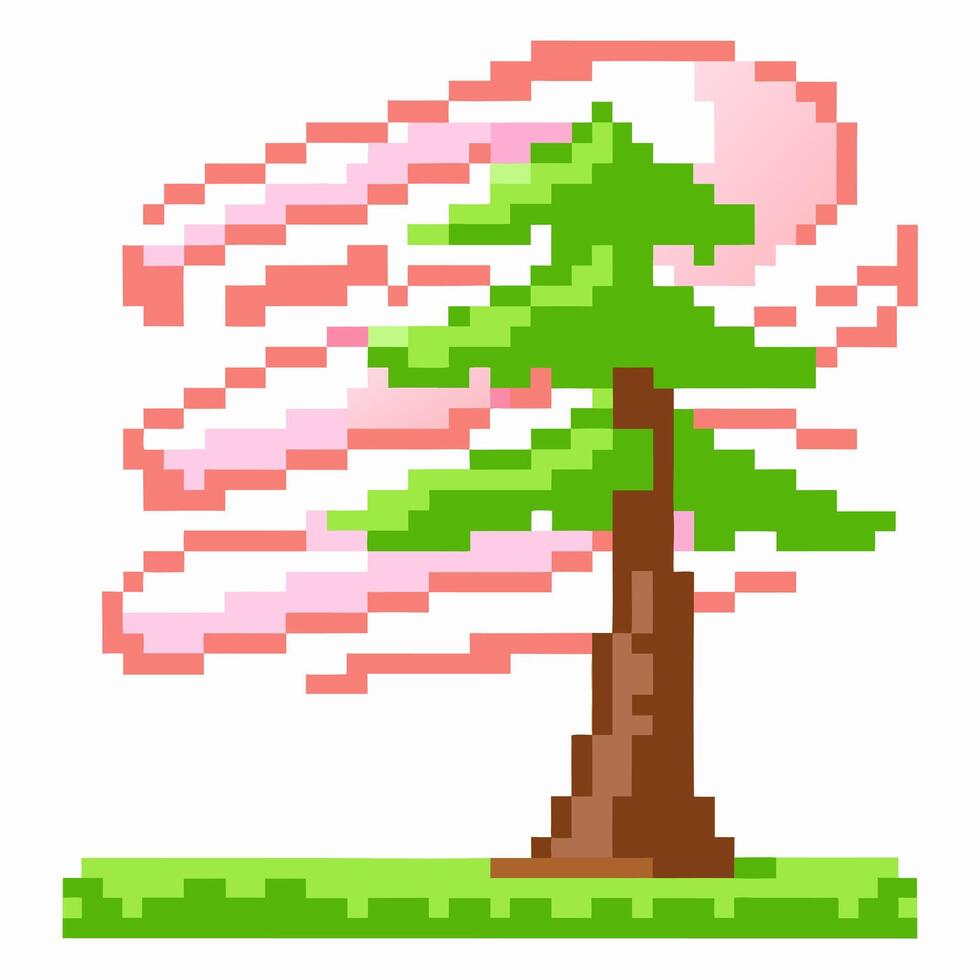 pixel art animated tree with wind gusts retro 8 bit style, green pine, pink breeze, digital graphic design vector