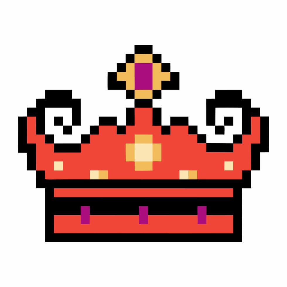 Pixel art crown retro gaming style, red with jewels nostalgic digital illustration king queens vector