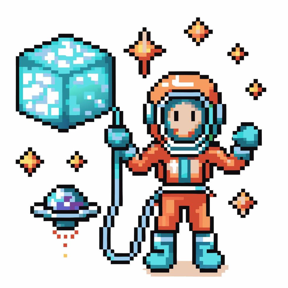 astronaut with oxygen cube and spaceship in retro pixel art vector