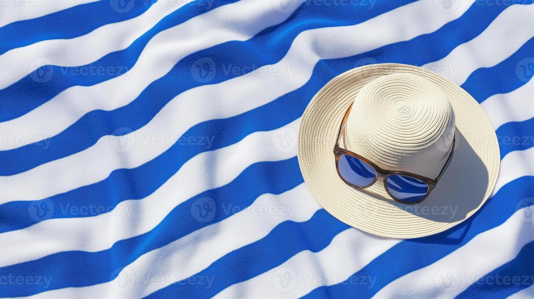 Striped Beach Towel with Straw Hat and Sunglasses photo