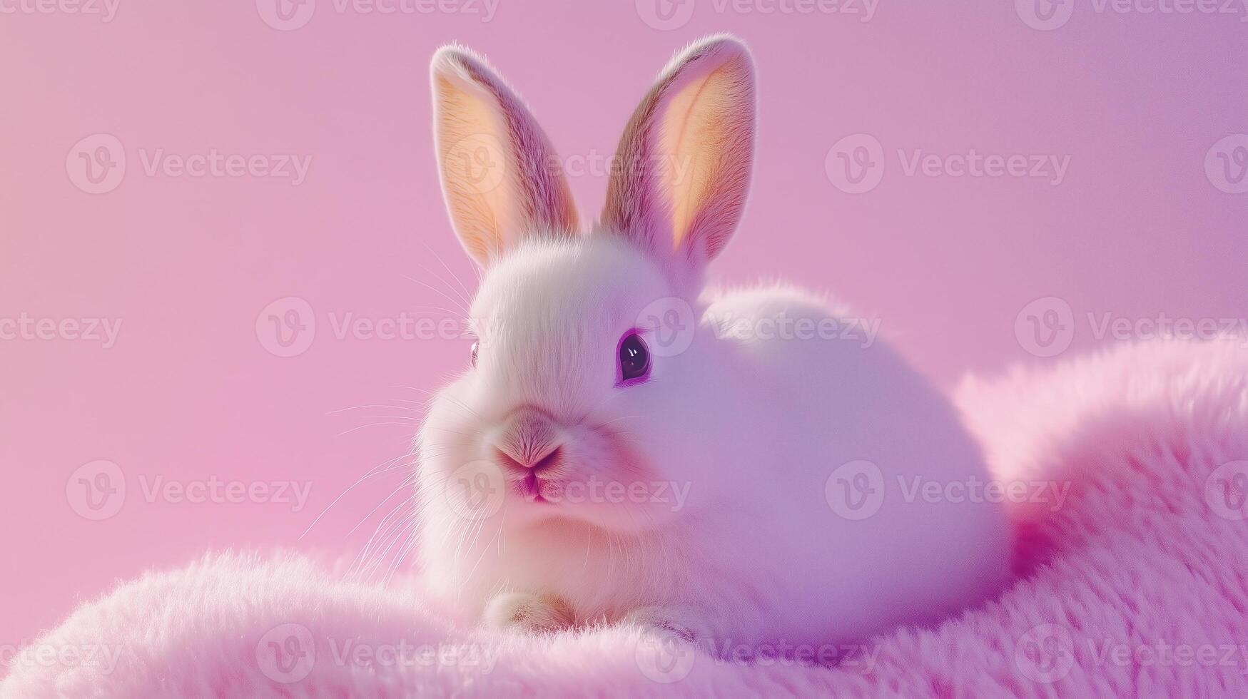 A white rabbit is sitting on a pink blanket photo
