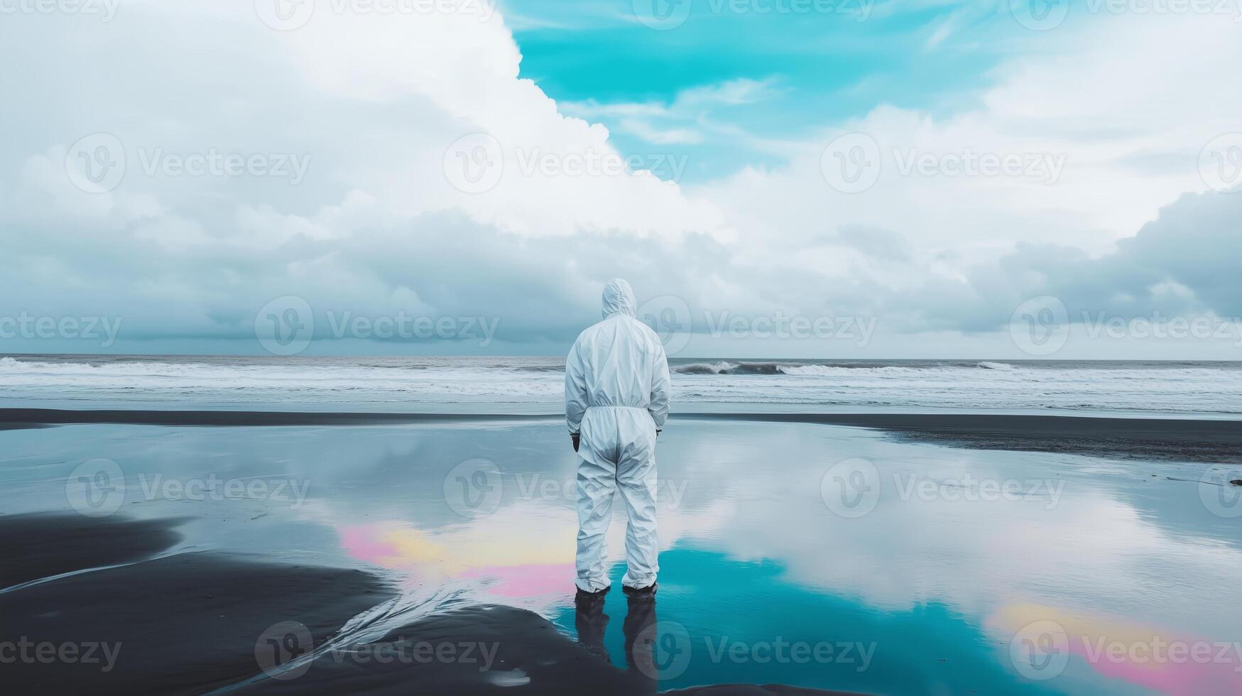 A person standing on the beach with a cloudy sky photo