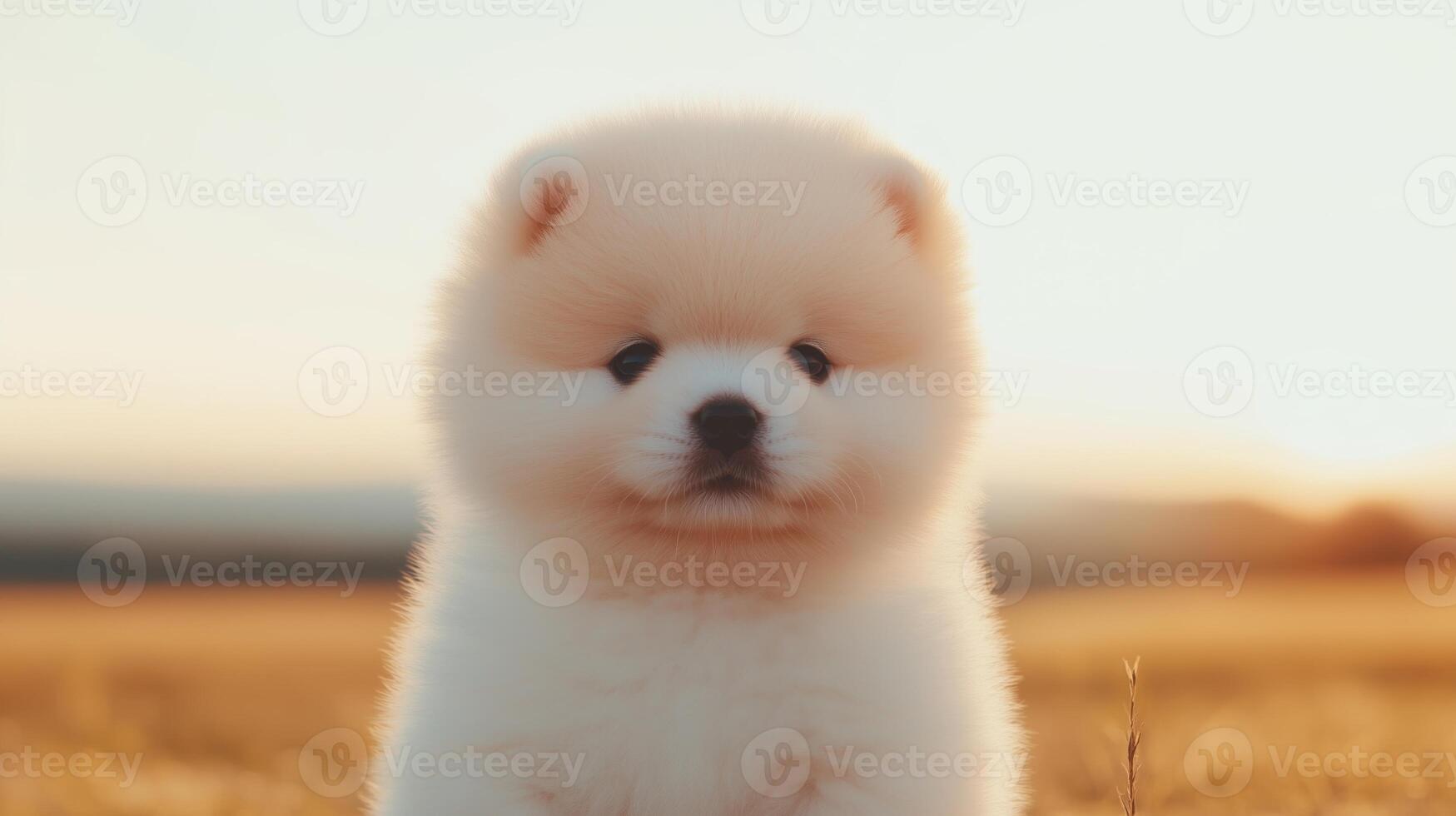 A small white dog sitting in a field photo
