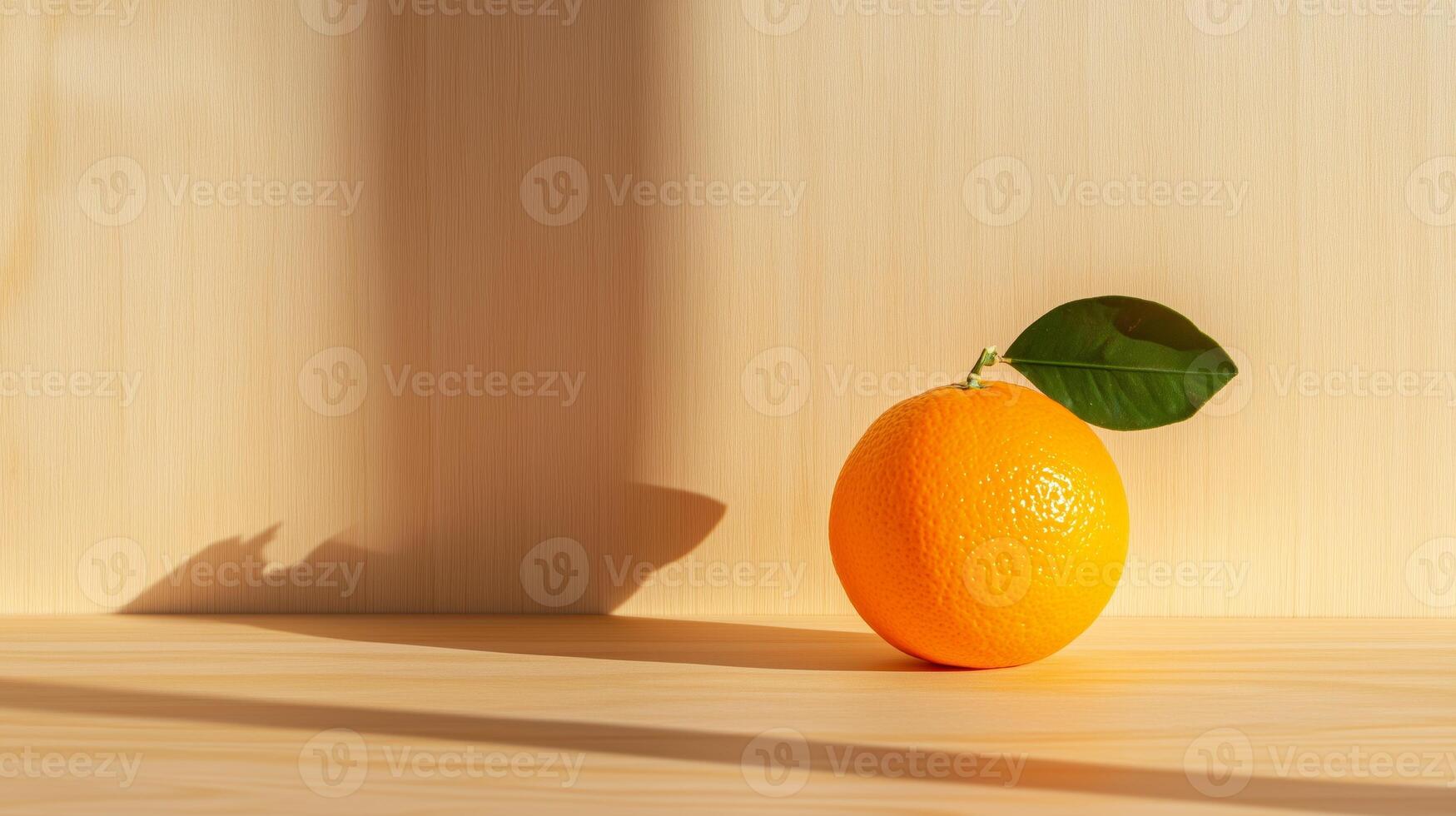 Orange on a wooden table with a shadow photo