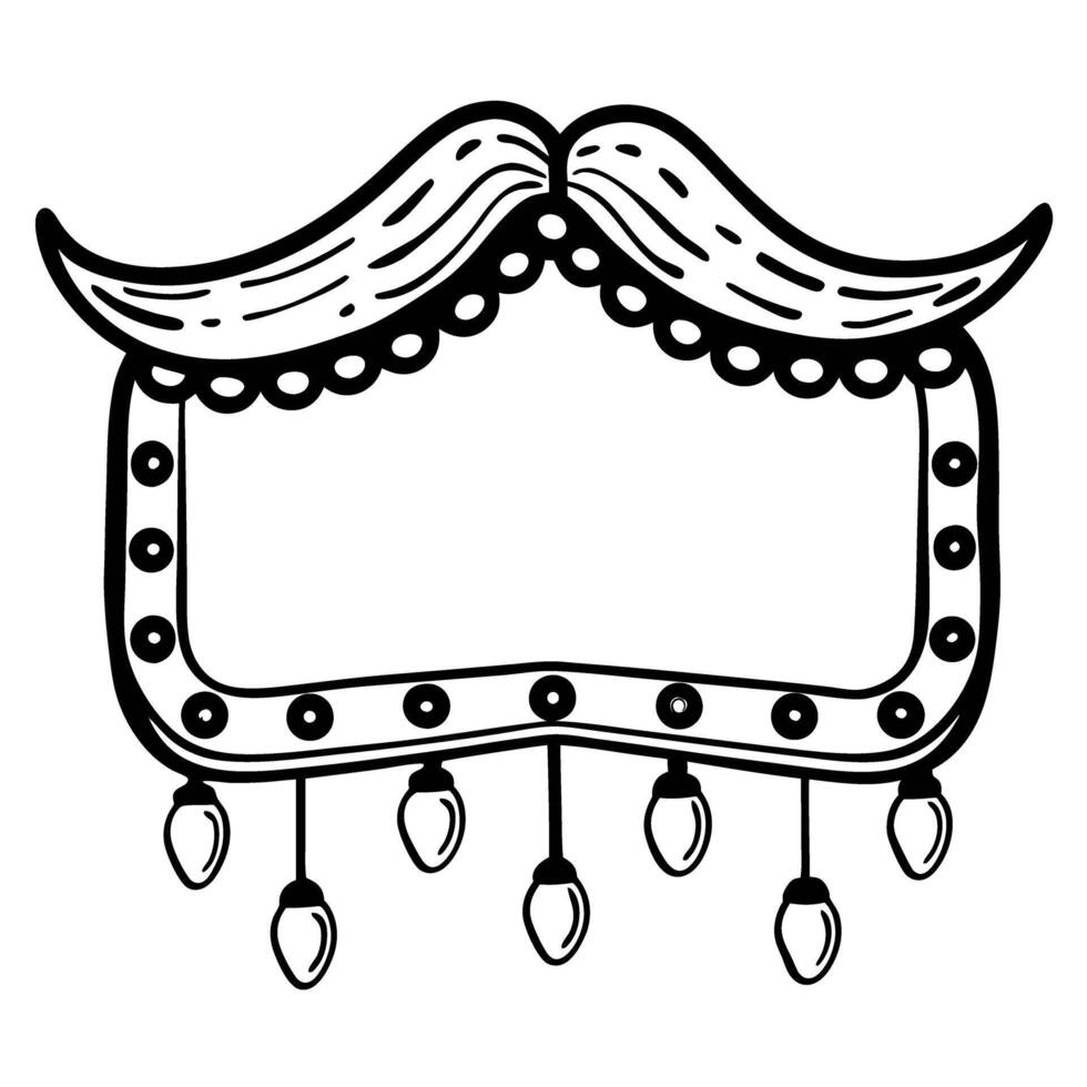 Blank ornate sign with vintage lights and decorative mustache design, retro frame vector