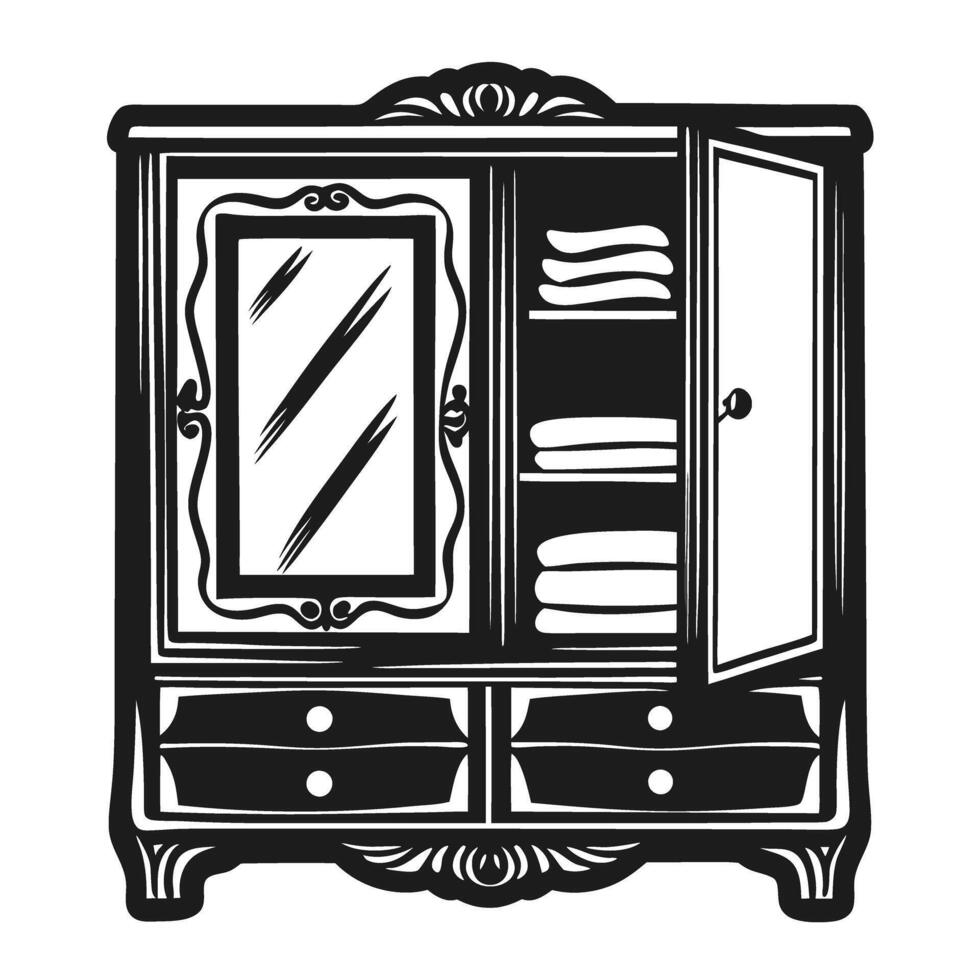 vintage wardrobe with open door, ornate design and folded towels classic furniture illustration vector