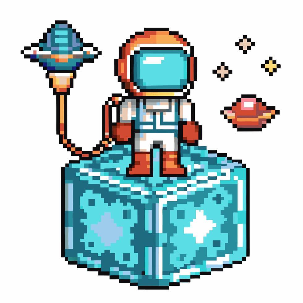 Pixel art astronaut on ice cube with spaceship and ufos, retro space adventure vector