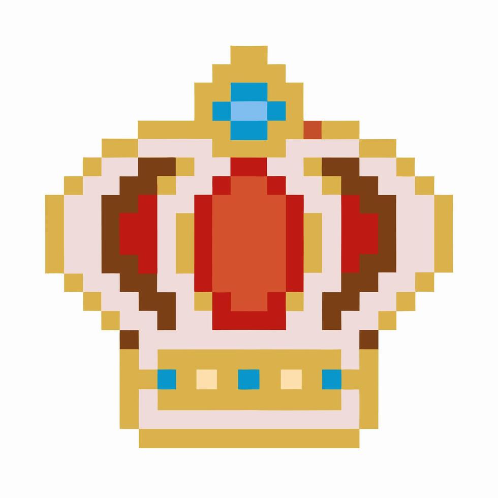 pixel art crown, vintage royal symbol retro digital design, colorful jewel emblem vector