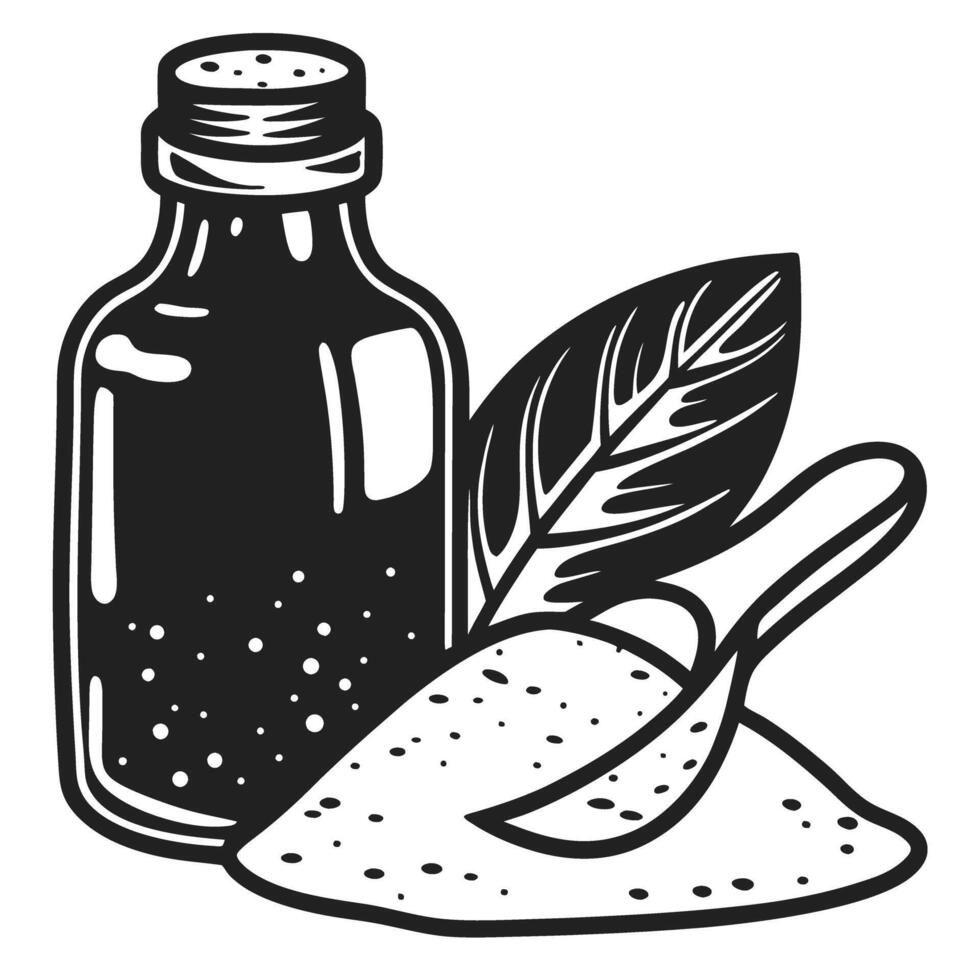 herbal medicine concept bottle with natural extract, leaf, and spoonful of powder organic healing ingredients vector