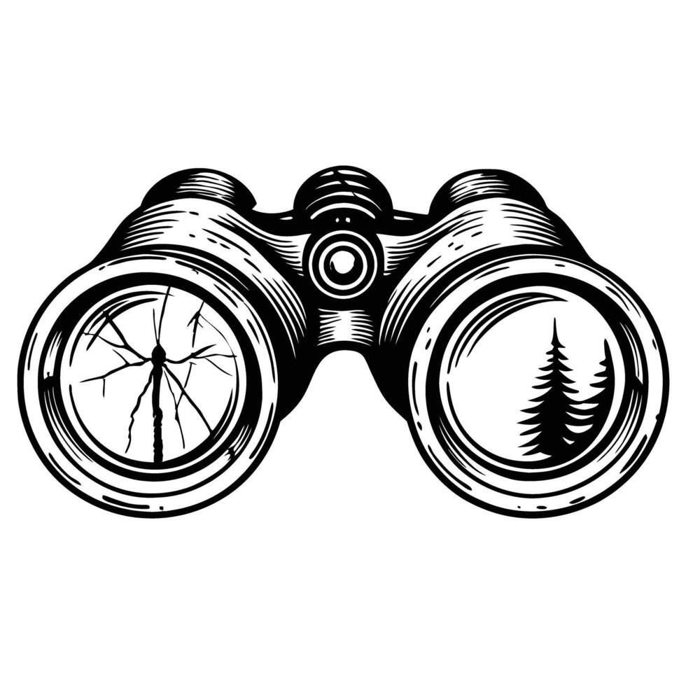 Vintage binoculars sketch with cracked lens and nature reflection vector