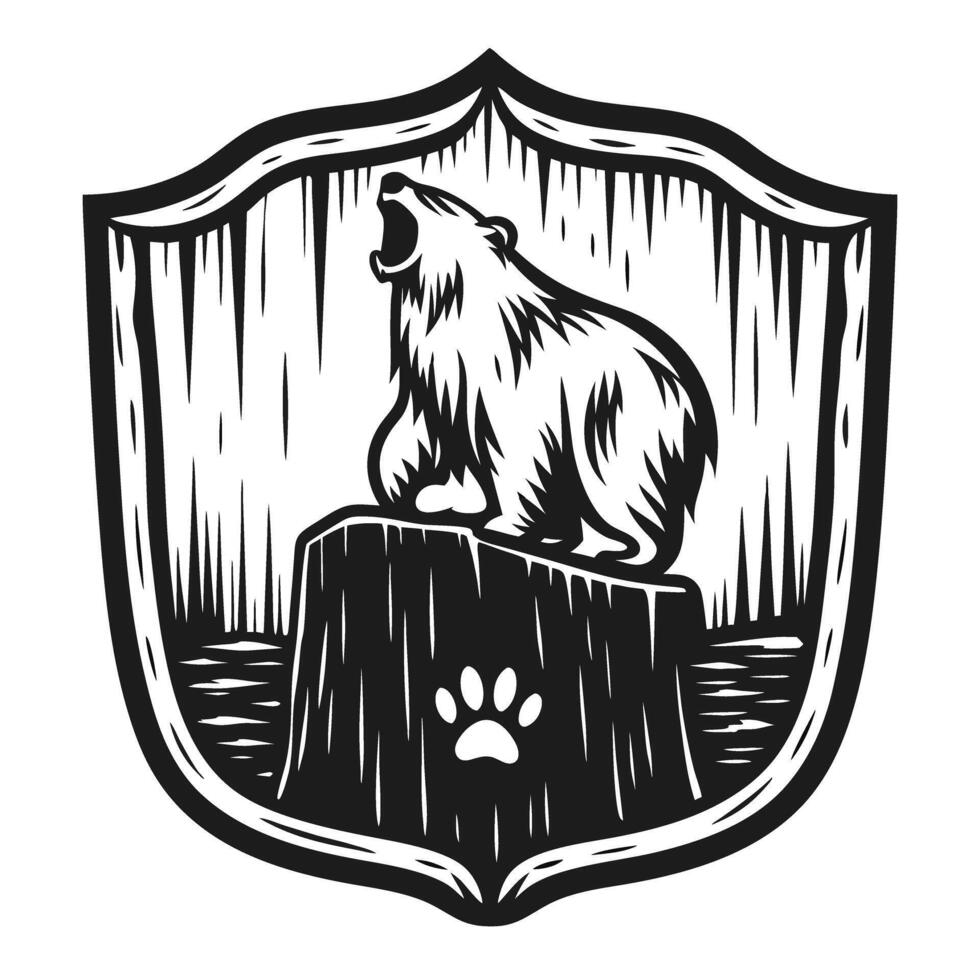 Stylized bear emblem on shield with paw print, monochrome woodcut design vector