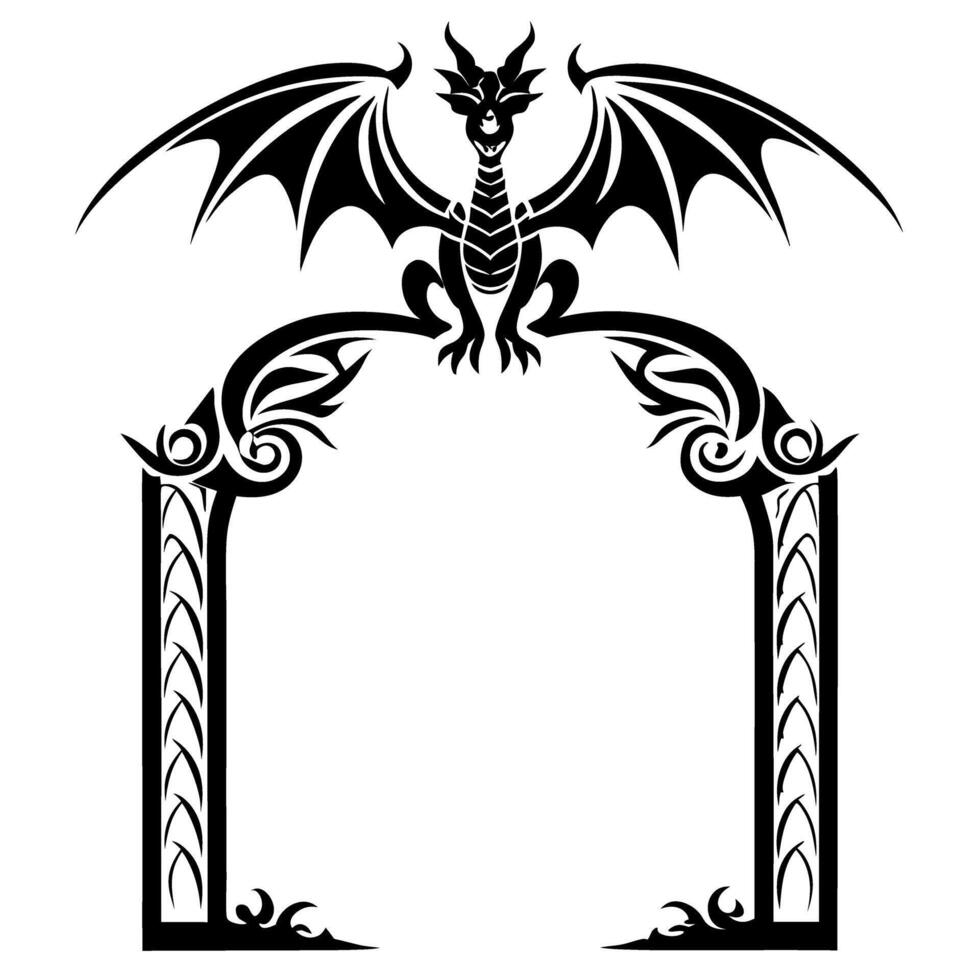 Ornate dragon perched on decorative gothic arch, black and white vector