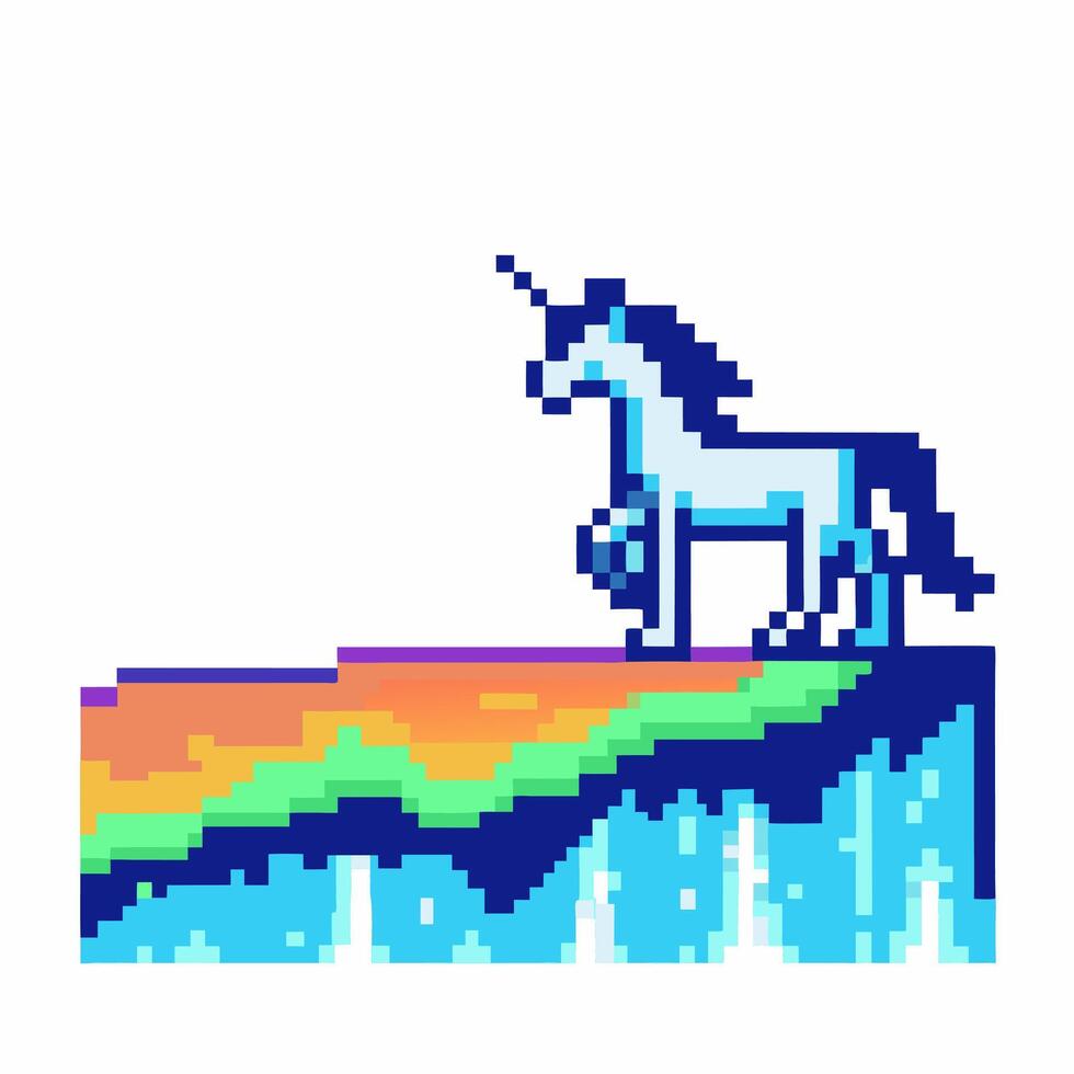 pixelated unicorn standing on vibrant pixel art platform, retro gaming digital fantasy illustration vector