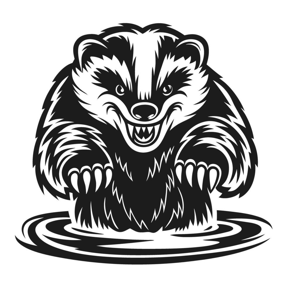 Fierce badger illustration with aggressive pose, monochrome art design vector