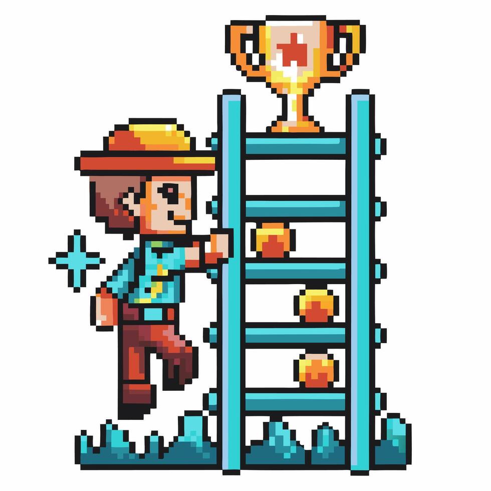 pixel art cowboy climbing ladder toward trophy, game success and achievement concept vector