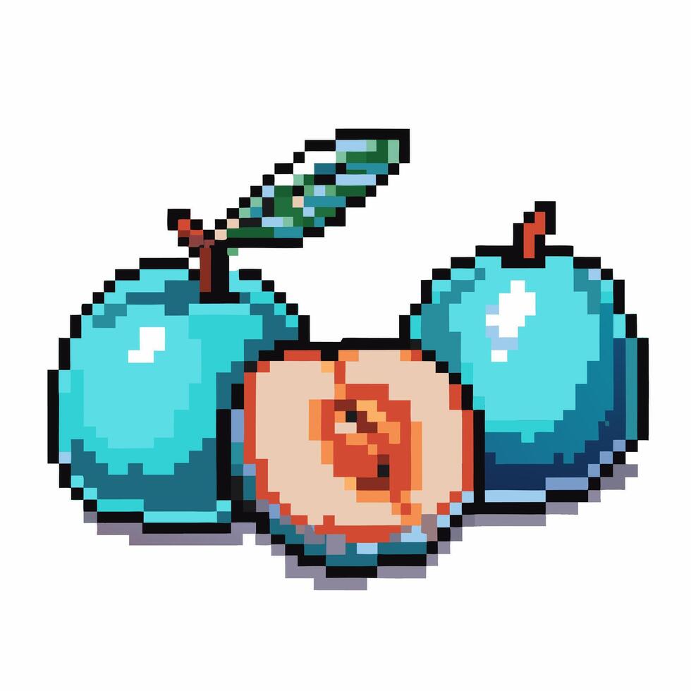 Pixel art blue peaches with leaf retro fruit design in digital vector