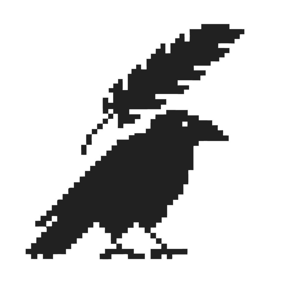 Pixelated crow with feather silhouette black and white retro bird artwork, digital graphic vector