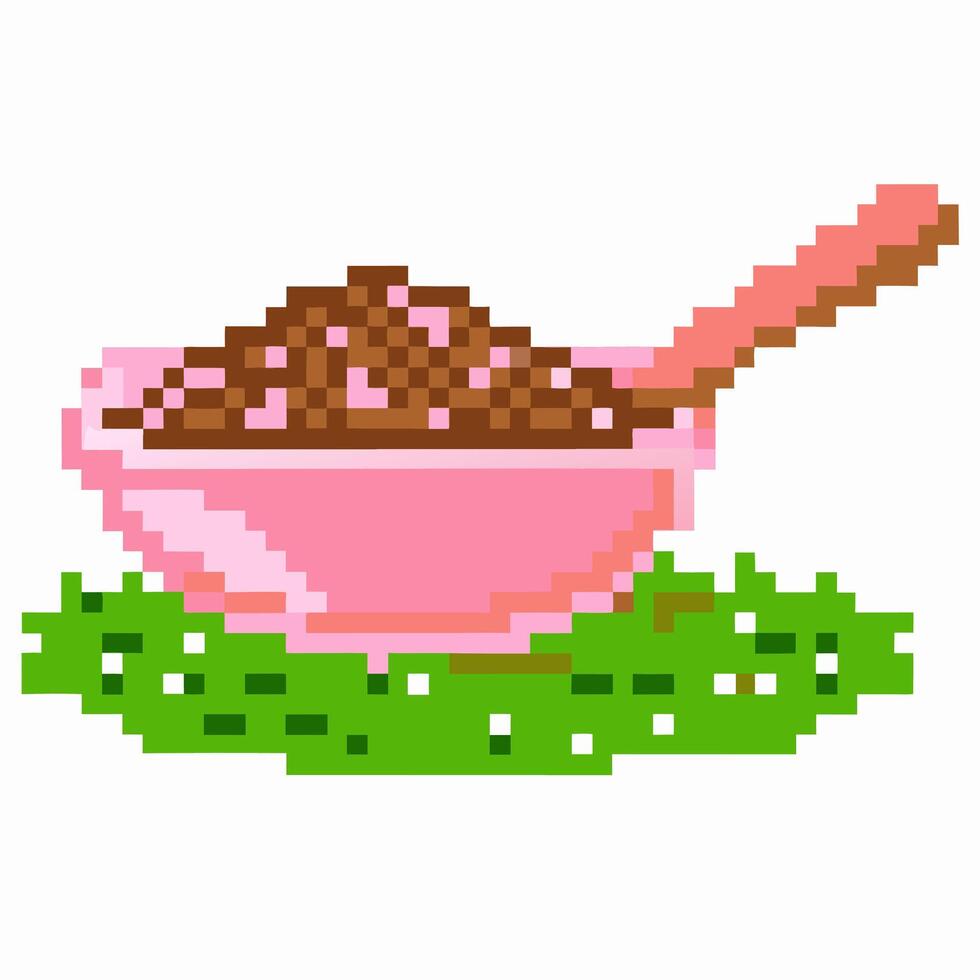 Pixelated bowl with wooden spoon and green base in retro art vector