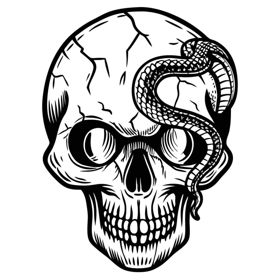 Skull and snake illustration gothic design with cracked texture and serpent motif vector