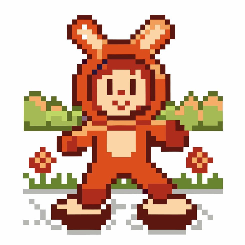 Pixel art bunny character in garden, retro game style, colorful nature background vector