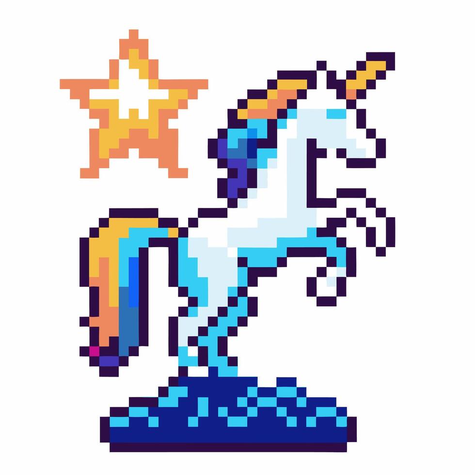 Pixel art unicorn with colorful mane, retro 8 bit shining star, fantasy creature standing majestically vector