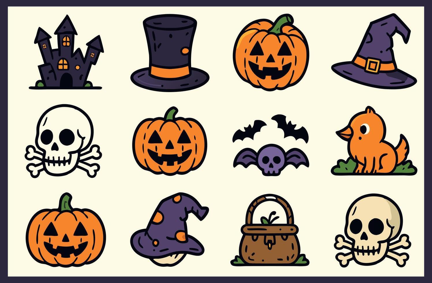 Halloween icons set with pumpkins, bats, witches, and other items vector
