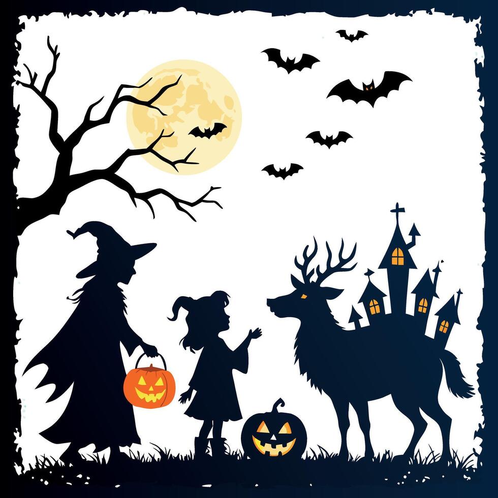Halloween scene with witch and children vector