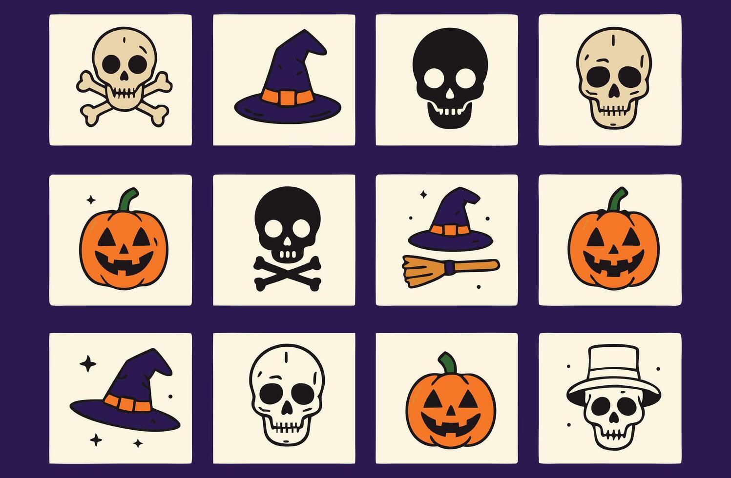 Halloween icons set with skull, pumpkin, witch hat, hat, hat, hat, hat vector