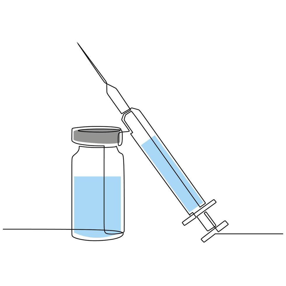 Syringe Medicine Bottle Continuous Line vector
