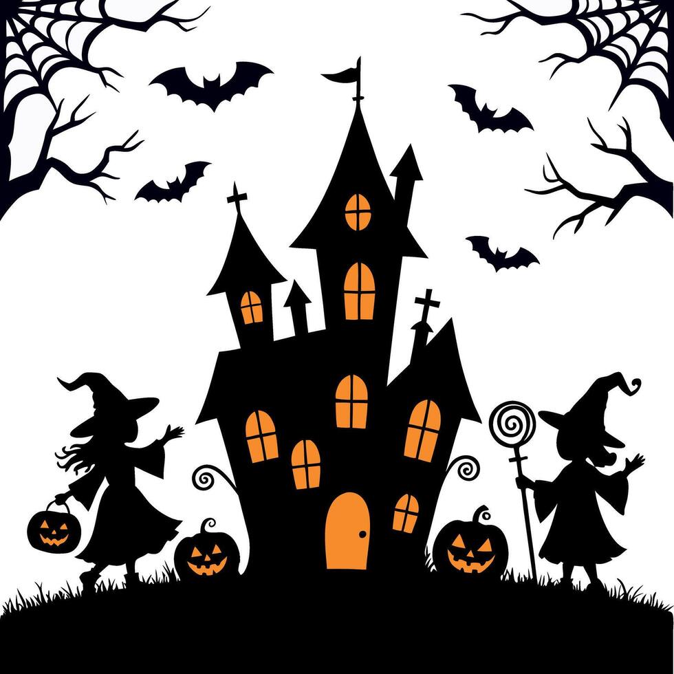 Spooky Night Halloween Scene with Haunted House and Pumpkins vector