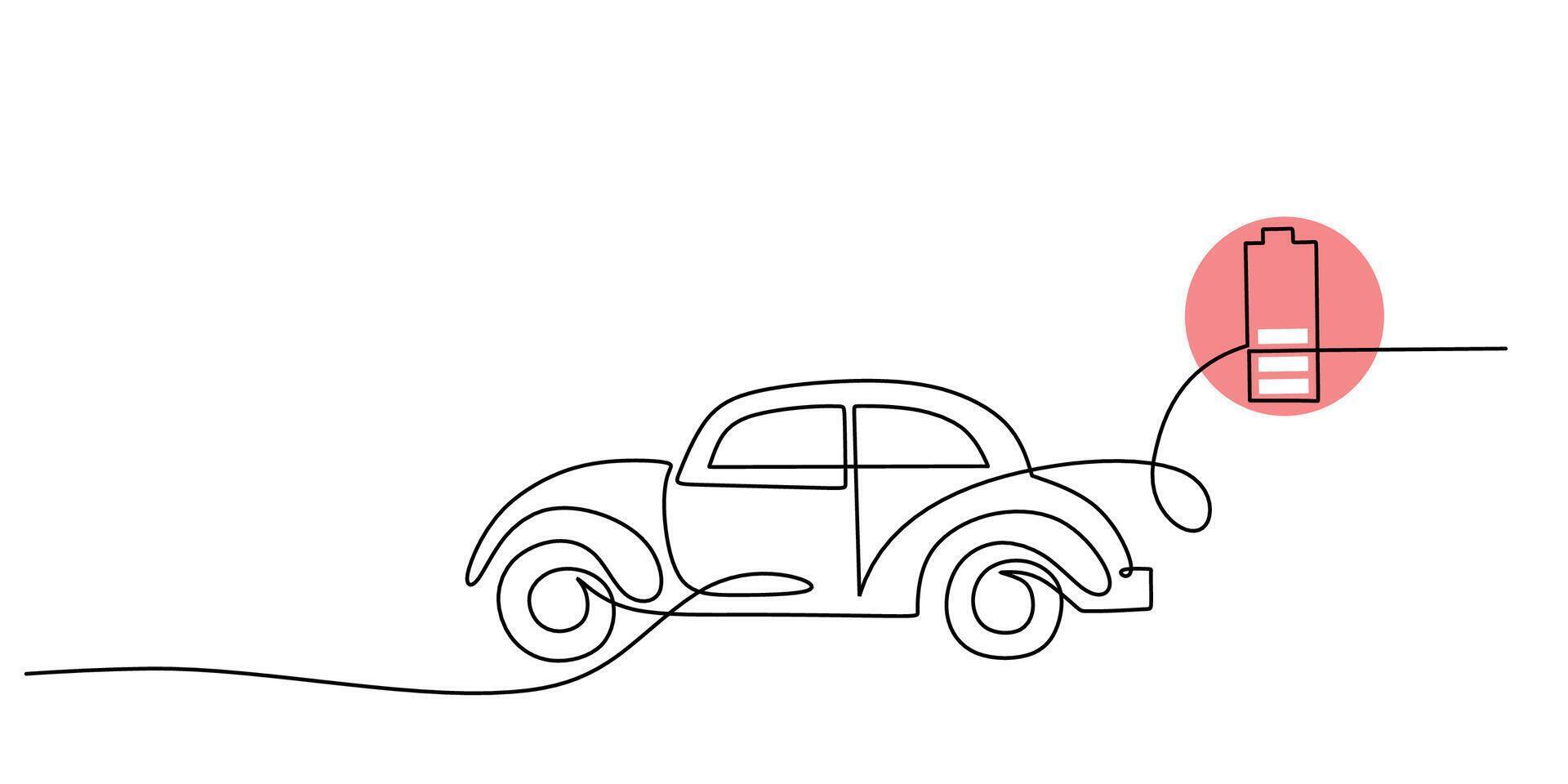 Electric car one line drawing. Continuous single outline vehicle with low battery. Charging energy concept. vector