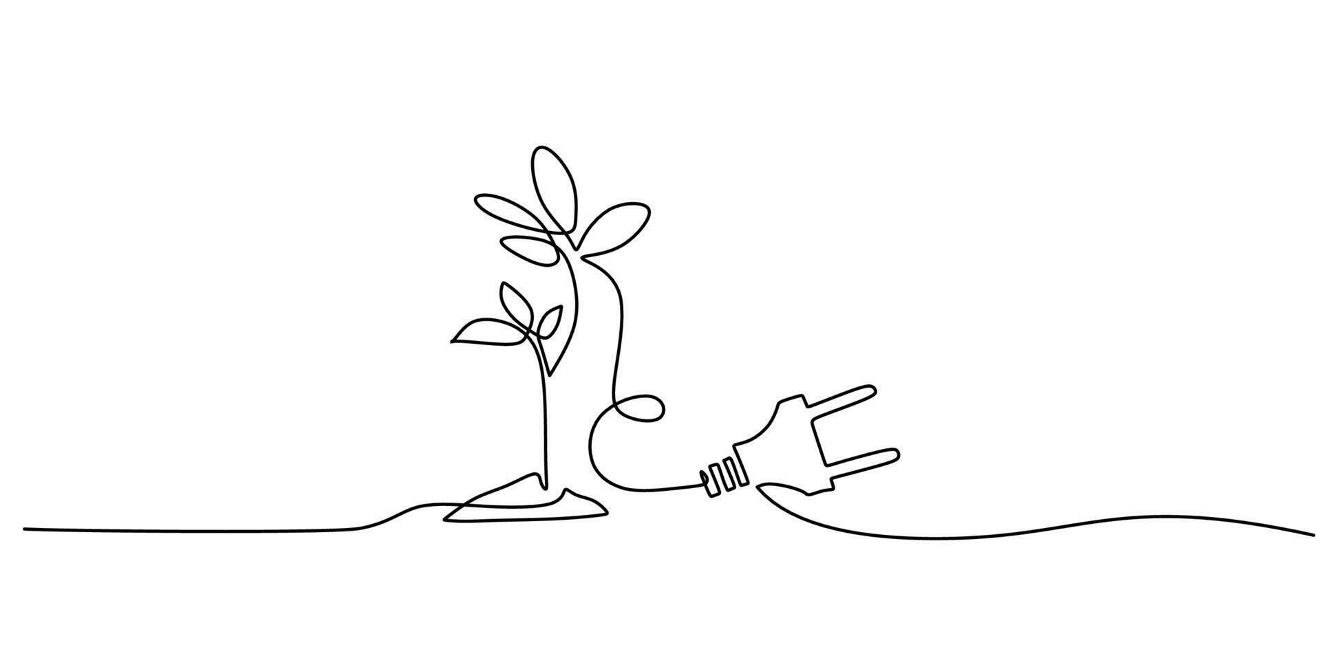 One line drawing of power plug and plants. Green energy concept. Eco and modern theme minimalism illustration. vector