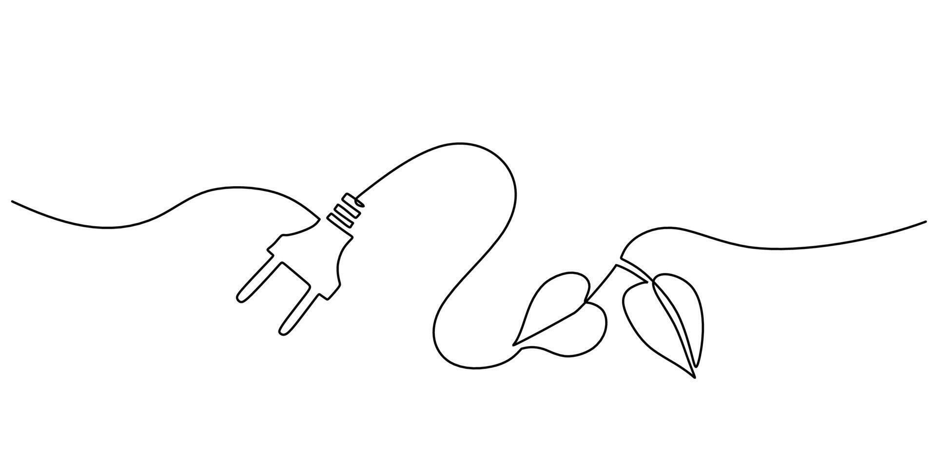 One line drawing of power plug with leaf. Green energy concept. Eco and modern theme minimalism illustration. vector
