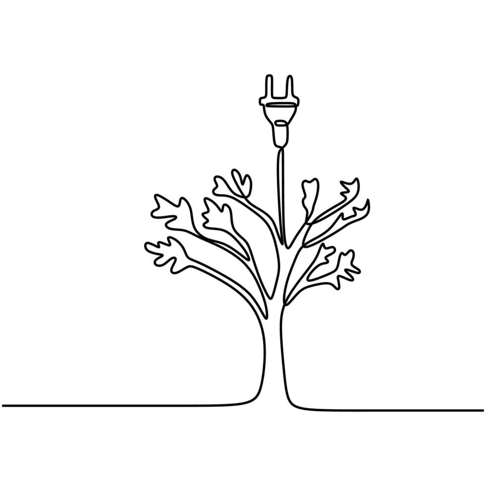 Plant with electric plug in continuous one line. vector
