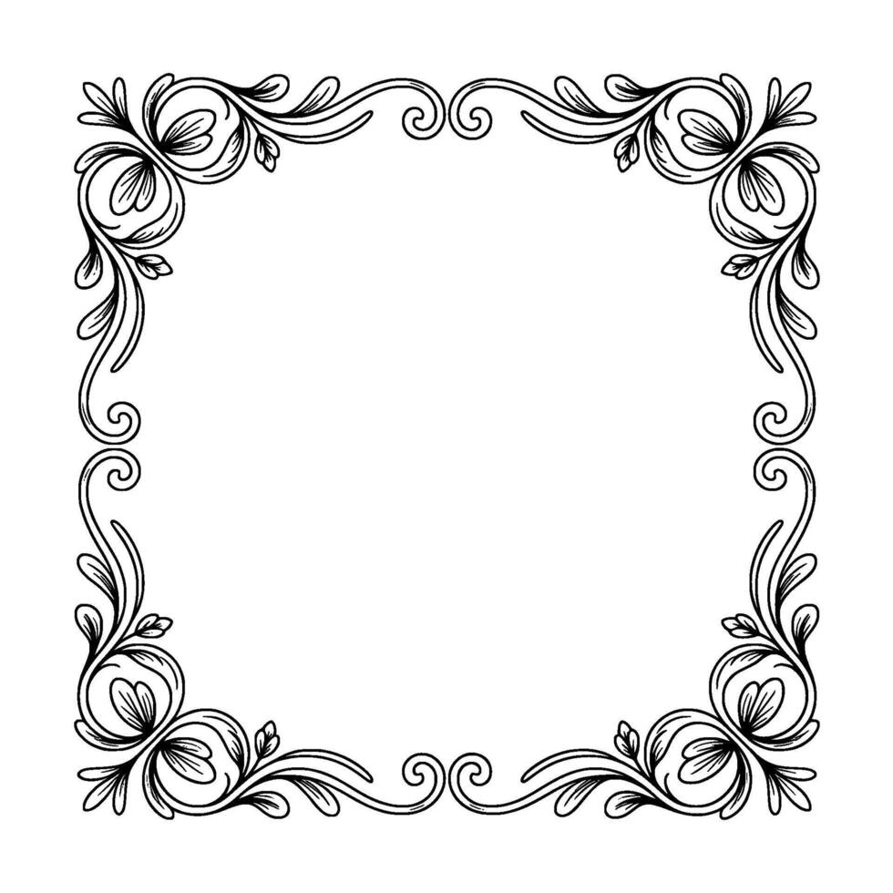 Elegant Floral Frame, Black and White Line Art for vector