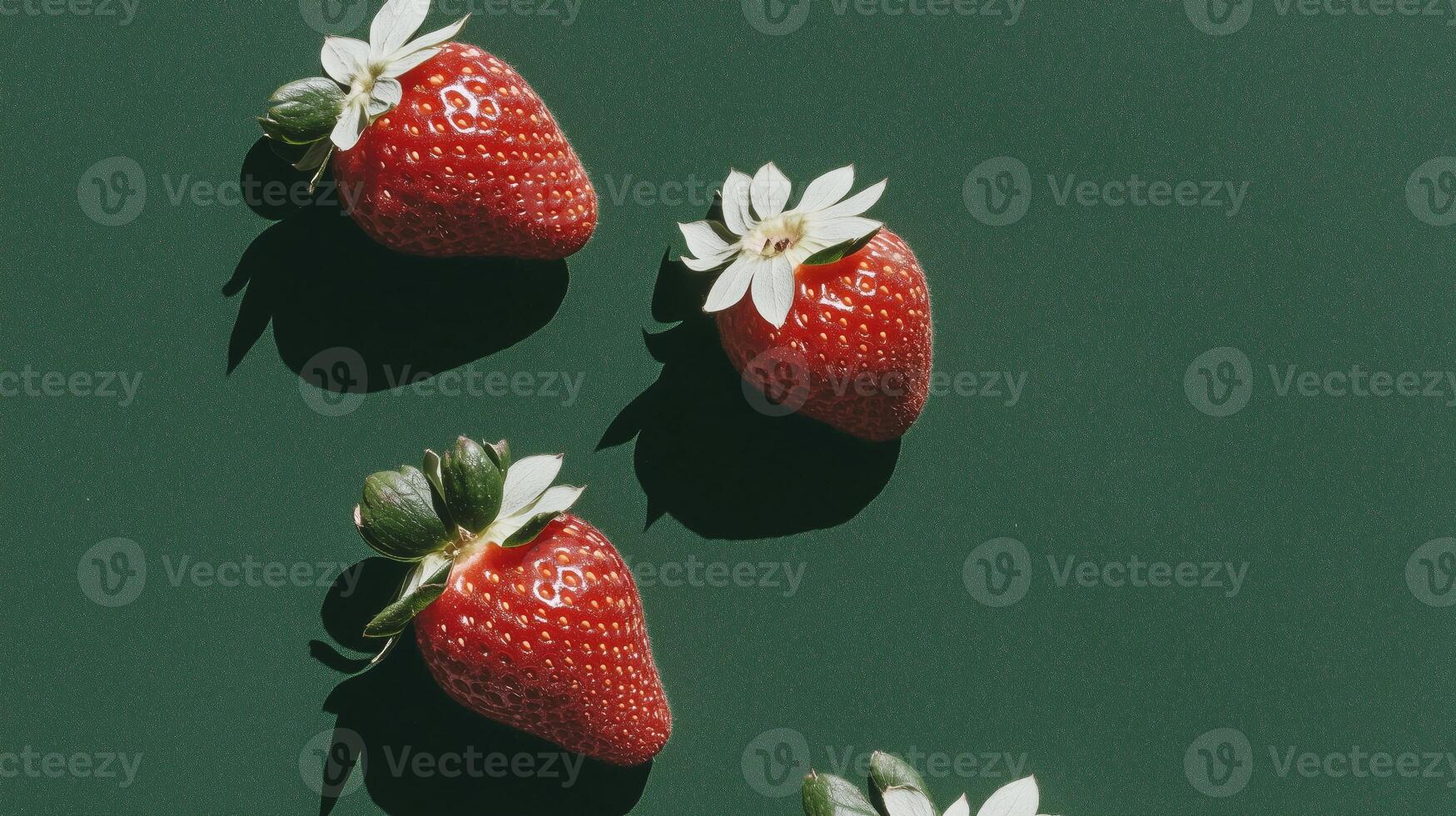 Three strawberries with daisies on a green surface photo