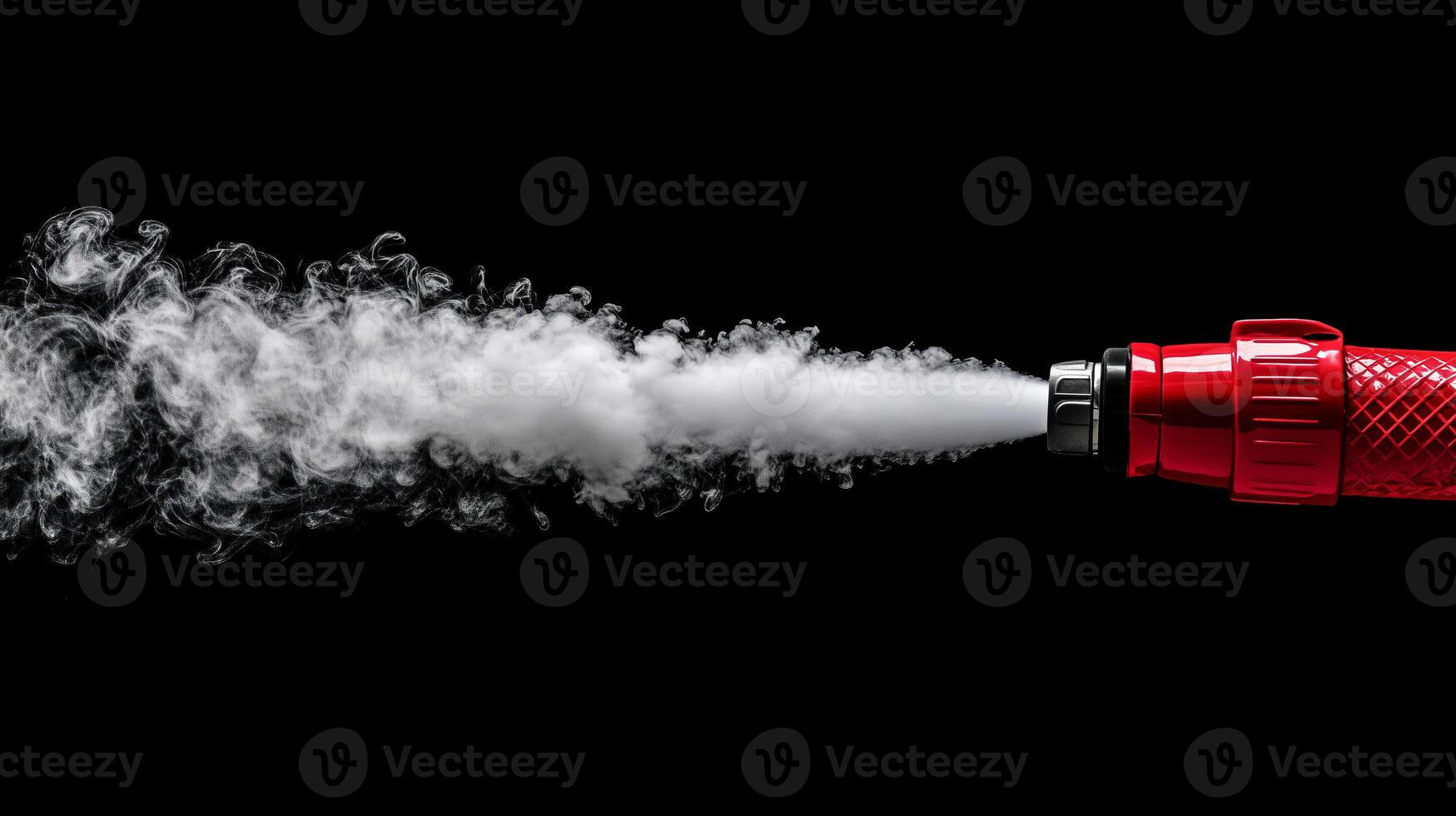 red fire extinguisher releasing white smoke against a black background photo