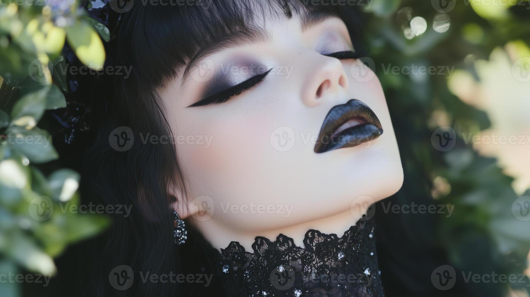 A woman with black makeup and a black lace dress photo