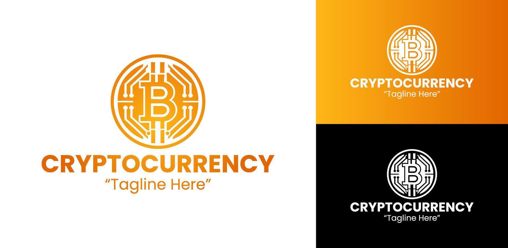 Modern Orange and Yellow Cryptocurrency Logo with Bitcoin Icon and Digital Features vector