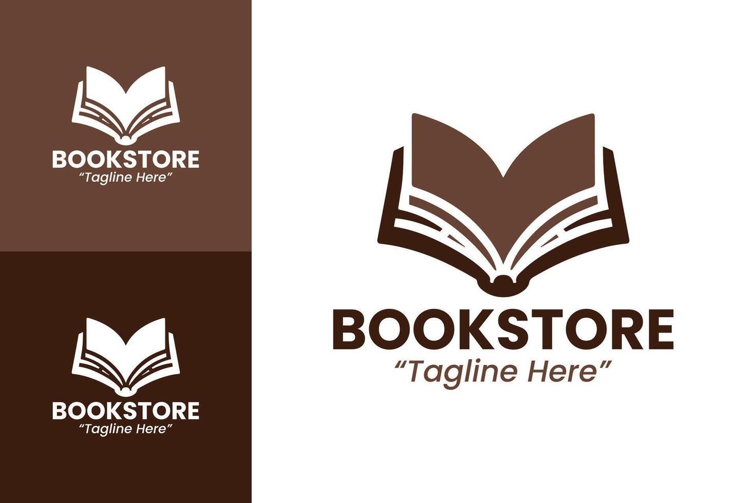Sleek Brown Bookstore Logo with Open Book Design and Tagline Space vector
