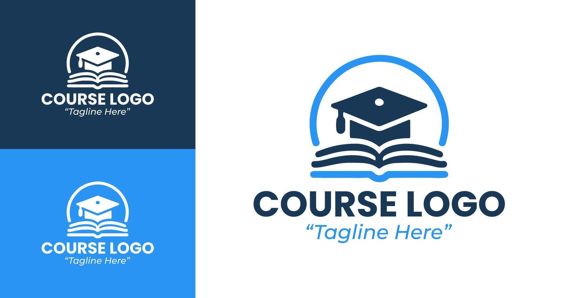 Creative Course Logo Design with Graduation Cap and Open Book in Blue and White Colors vector