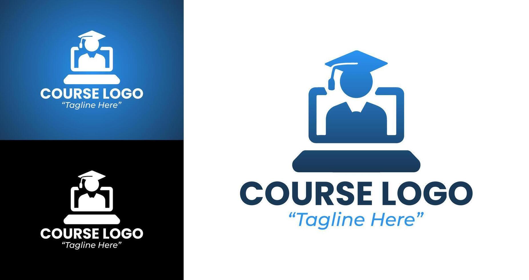 Professional Course Logo Design with Graduation Hat and Laptop in Blue and White vector